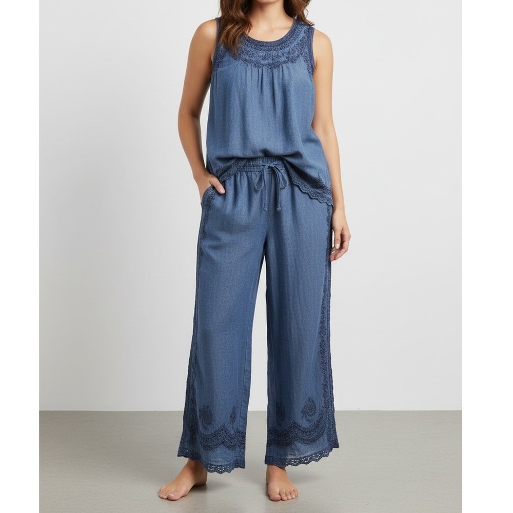 Boho Blue Embroidered 2 Piece Set Tunic Tank Wide Leg Pants Viscose Large